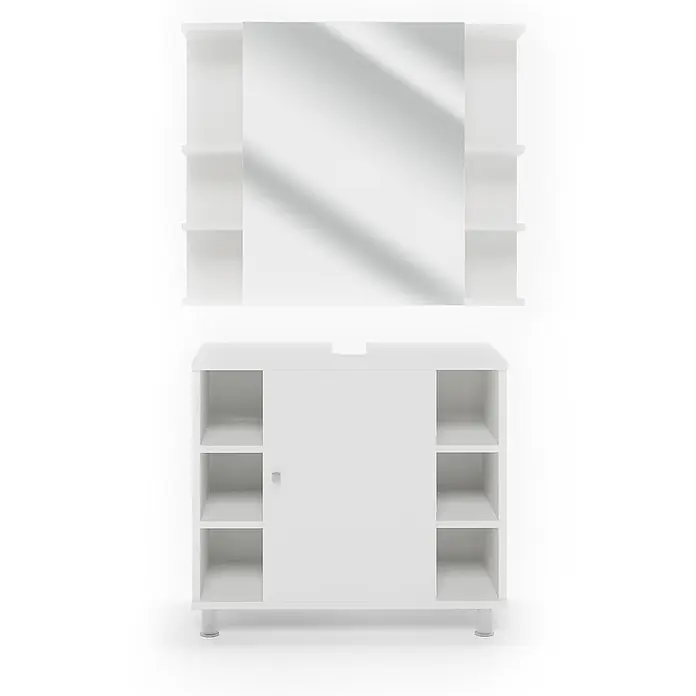 Vicco Badmöbel-Set Fynn Weiß 2 Teile - Gesamtbreite Badmöbel: 60 cm, Weiß, Matt - Weißes Badezimmerschrankset mit Spiegelschrank, seitlichen Regalen und Unterschrank mit Schiebetür und offenen Seitenfächern.