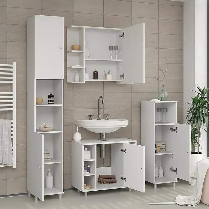 Vicco Badmöbel-Set Fynn Weiß 2 Teile - Gesamtbreite Badmöbel: 60 cm, Weiß, Matt - Weißes modulares Badmöbelset mit Waschbeckenunterschrank, Wandschrank und Hochschränken für vielseitigen Stauraum.