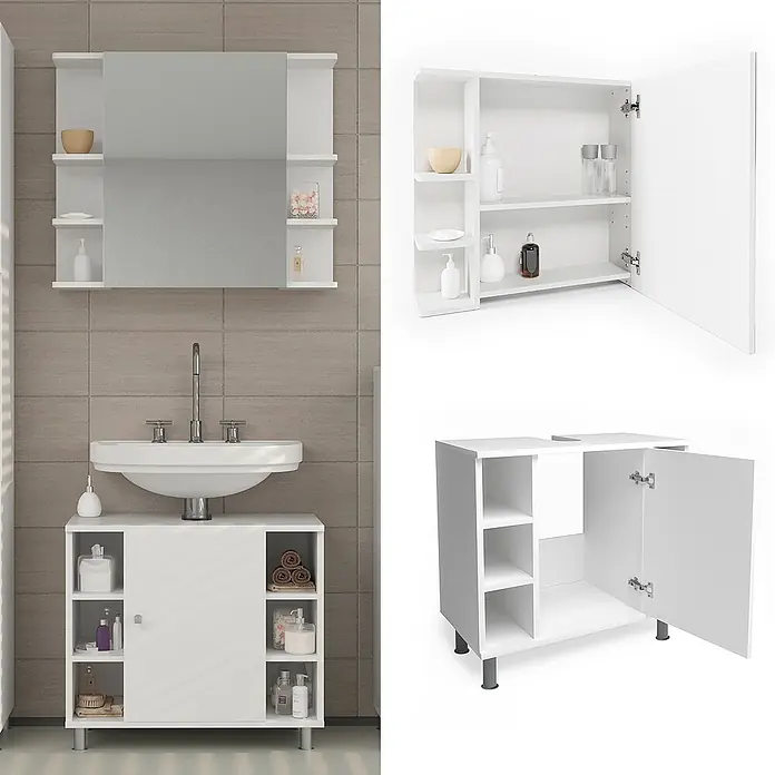 Vicco Badmöbel-Set Fynn Weiß 2 Teile - Gesamtbreite Badmöbel: 60 cm, Weiß, Matt - Weißes Badmöbel-Set mit Spiegelschrank und Waschtischunterschrank für praktische Aufbewahrung.