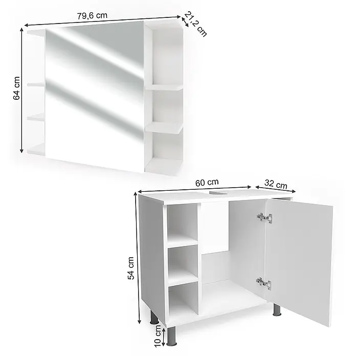 Vicco Badmöbel-Set Fynn Weiß 2 Teile - Gesamtbreite Badmöbel: 60 cm, Weiß, Matt - Weißer Badezimmerspiegelschrank mit Regalen und Waschtischunterschrank mit Tür, Regalen und Füßen, Maße sichtbar.