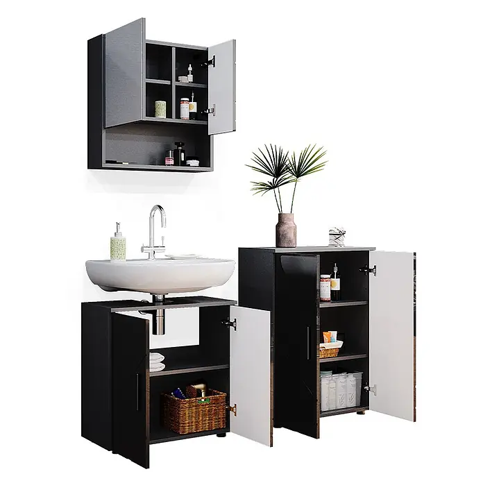 Vicco Badmöbel-Set Irma Anthrazit Hochglanz 3 Teile, mit Unterschrank 60 cm - Gesamtbreite Badmöbel: 120 cm, Anthrazit Hochglanz, Glänzend - Dunkelgraues Badmöbelset mit grauen und weißen Türen, Wand- und Waschbeckenunterschrank für ordentlichen Stauraum.