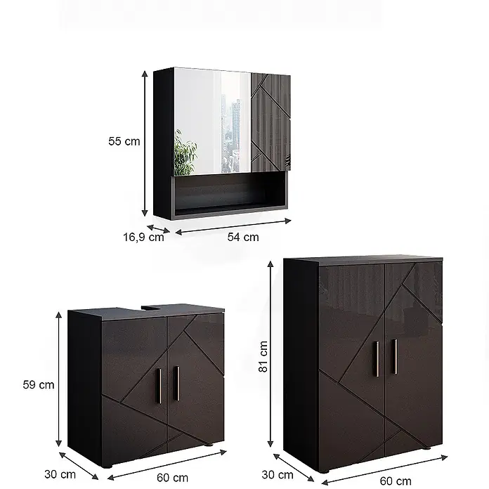 Vicco Badmöbel-Set Irma Anthrazit Hochglanz 3 Teile, mit Unterschrank 60 cm - Gesamtbreite Badmöbel: 120 cm, Anthrazit Hochglanz, Glänzend - Dunkles anthrazitfarbenes Badmöbelset mit geometrischen Mustern, bestehend aus Spiegelschrank, Waschbeckenunterschrank und Hochschrank, mit Maßen.