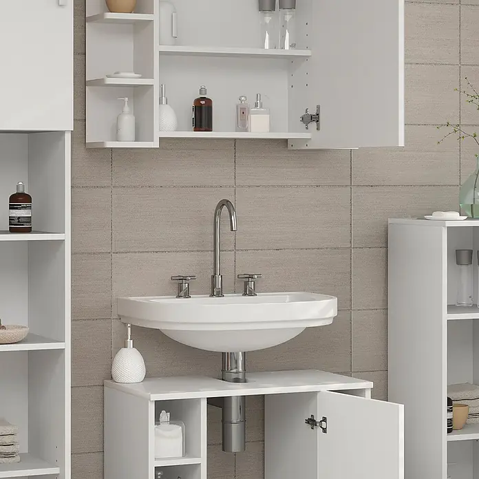 Vicco Badmöbel-Set Fynn Weiß 2 Teile - Gesamtbreite Badmöbel: 60 cm, Weiß, Matt - Weißer Badunterschrank mit Waschbecken und verschiedenen Ablageflächen in einem modernen Badezimmer.