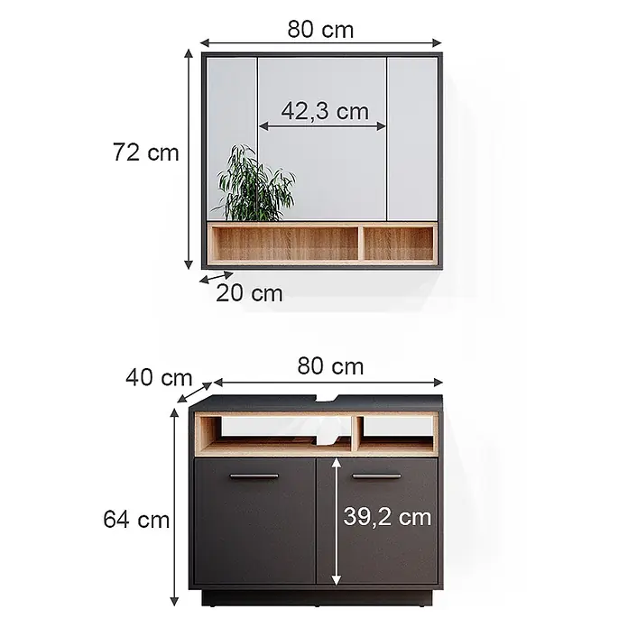 Vicco Badmöbel-Set Beatrice Anthrazit 2 Teile - Gesamtbreite Badmöbel: 80 cm, Anthrazit, Matt - Badezimmer-Waschtischset: ein wandmontierter Spiegelschrank mit Holzablage und ein stehender Waschbeckenunterschrank in Dunkelgrau und Holz.