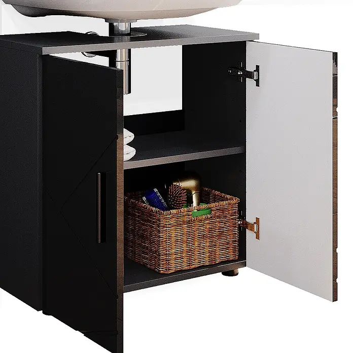 Vicco Badmöbel-Set Irma Anthrazit Hochglanz 3 Teile, mit Unterschrank 60 cm - Gesamtbreite Badmöbel: 120 cm, Anthrazit Hochglanz, Glänzend - Schwarzer Badunterschrank mit offenen Türen, Regalen, Weidenkorb. Siphon sichtbar. Dunkle Oberfläche.