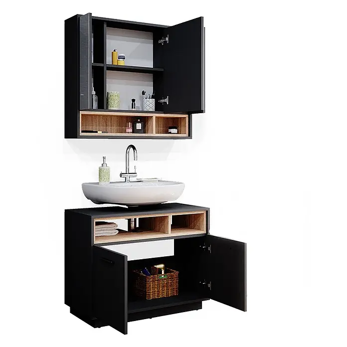 Vicco Badmöbel-Set Beatrice Anthrazit 2 Teile - Gesamtbreite Badmöbel: 80 cm, Anthrazit, Matt - Modernes Badmöbel-Set in Schwarz-Holzoptik mit Aufsatzwaschbecken, Wandschrank und Unterschrank mit offenen und geschlossenen Fächern.