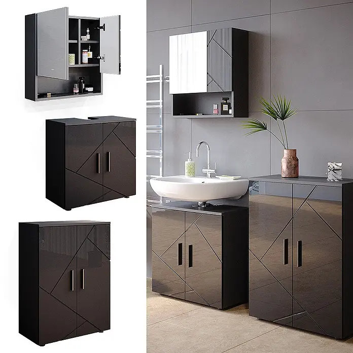Vicco Badmöbel-Set Irma Anthrazit Hochglanz 3 Teile, mit Unterschrank 60 cm - Gesamtbreite Badmöbel: 120 cm, Anthrazit Hochglanz, Glänzend - Dunkelgraues Hochglanz-Badmöbel-Set mit geometrischen Türmustern, Spiegelschrank, Waschtischunterschrank und Aufbewahrungsschrank.
