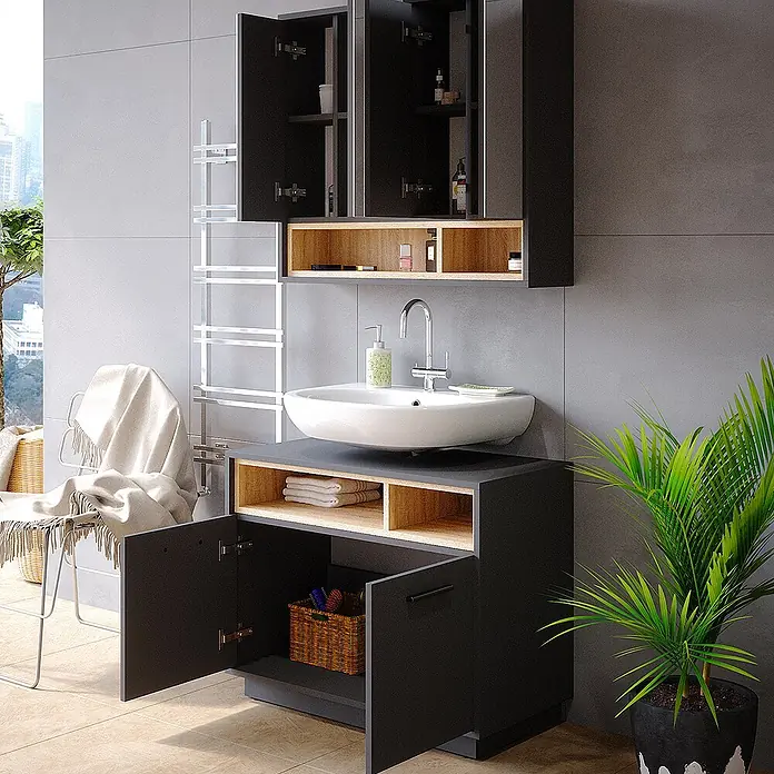 Vicco Badmöbel-Set Beatrice Anthrazit 2 Teile - Gesamtbreite Badmöbel: 80 cm, Anthrazit, Matt - Moderner schwarzer Badunterschrank mit integriertem weißen Waschbecken und hellen Holzdetails. Mit offenen Schränken.