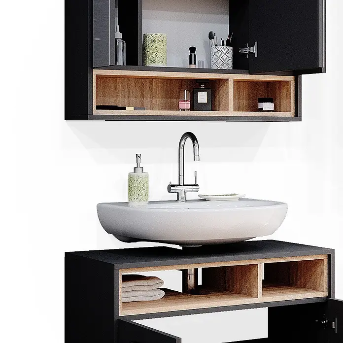 Vicco Badmöbel-Set Beatrice Anthrazit 2 Teile - Gesamtbreite Badmöbel: 80 cm, Anthrazit, Matt - Schwarzer und holzfarbener Badmöbel-Set mit weißem Waschbecken, Wand- und Unterschrank.