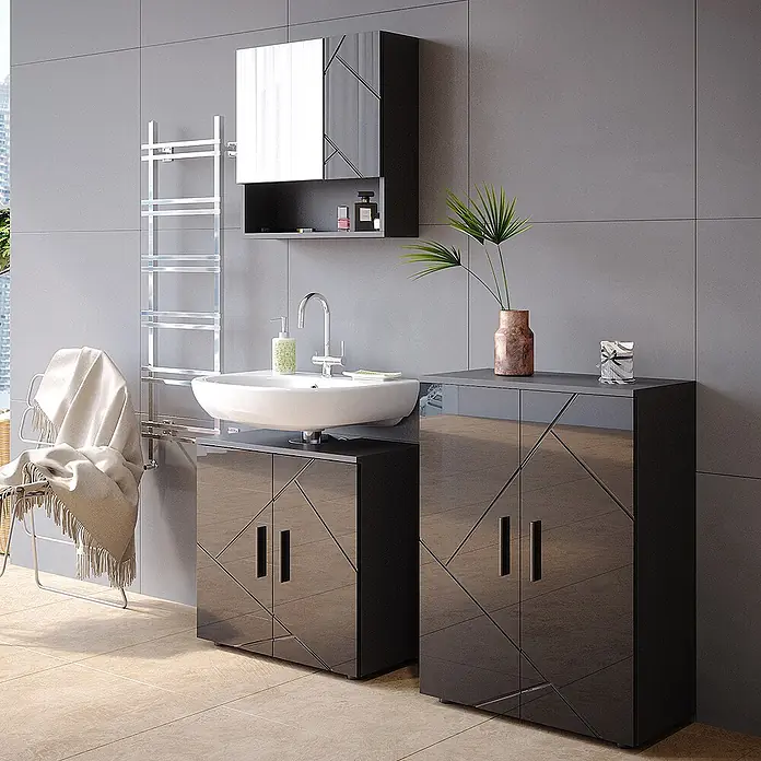 Vicco Badmöbel-Set Irma Anthrazit Hochglanz 3 Teile, mit Unterschrank 60 cm - Gesamtbreite Badmöbel: 120 cm, Anthrazit Hochglanz, Glänzend - Moderne schwarze Hochglanz-Badmöbel mit Waschbecken, zwei Unterschränken und passendem Wandschrank für stilvolle Aufbewahrung.