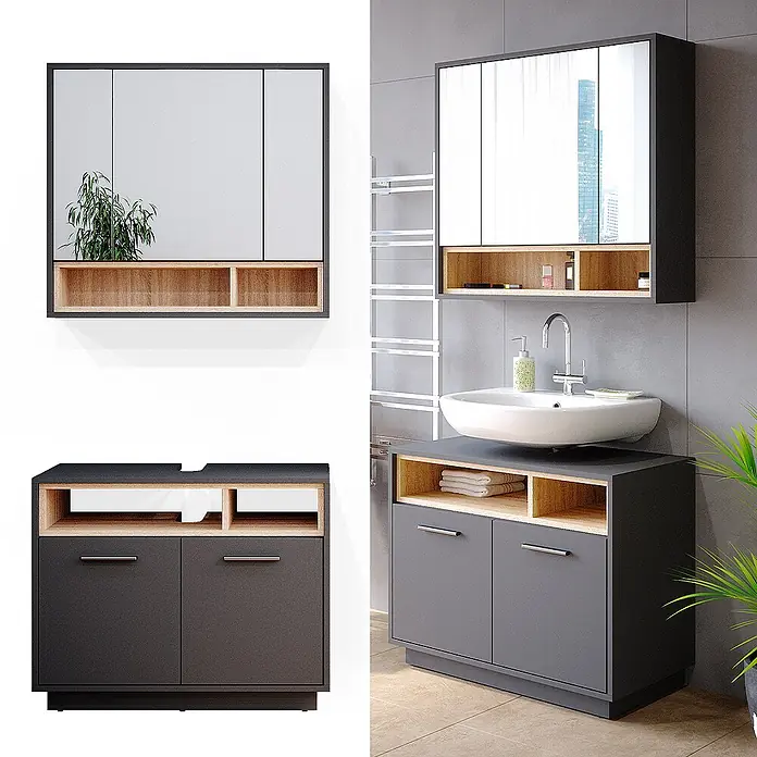 Vicco Badmöbel-Set Beatrice Anthrazit 2 Teile - Gesamtbreite Badmöbel: 80 cm, Anthrazit, Matt - Modernes Badmöbel-Set in Dunkelgrau und Eiche mit Spiegelschrank und Waschtischunterschrank, bietet viel Stauraum.