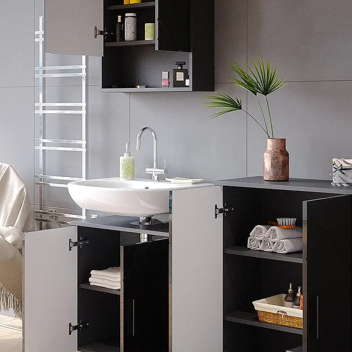 Vicco Badmöbel-Set Irma Anthrazit Hochglanz 3 Teile, mit Unterschrank 60 cm - Gesamtbreite Badmöbel: 120 cm, Anthrazit Hochglanz, Glänzend - Modernes schwarz-weißes Badmöbel mit Waschbecken und Stauschränken.