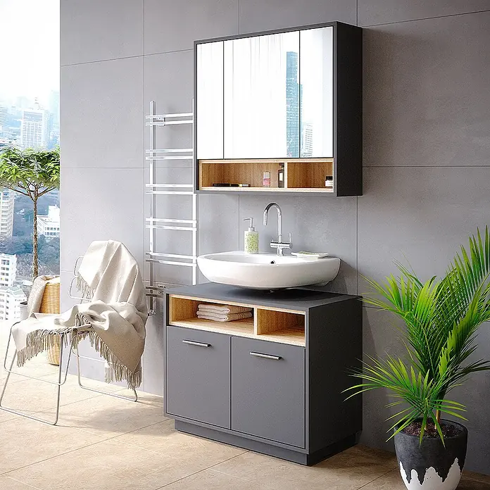 Vicco Badmöbel-Set Beatrice Anthrazit 2 Teile - Gesamtbreite Badmöbel: 80 cm, Anthrazit, Matt - Moderner grauer Badezimmerschrank mit Naturholzdetails, weißem Aufsatzwaschbecken und passendem Spiegelschrank in einem zeitgenössischen Bad.