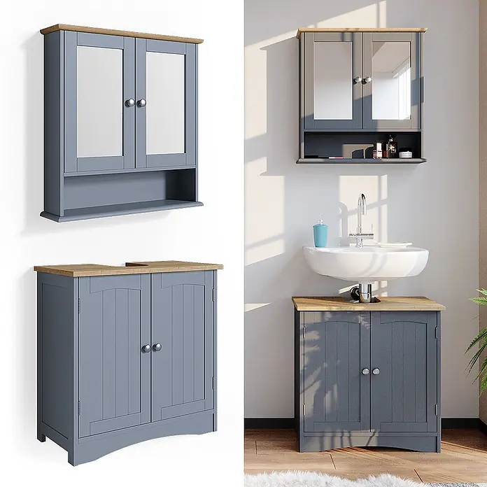 Vicco Badmöbel-Set Bianco Grau 2 Teile - Gesamtbreite Badmöbel: 60 cm, Grau, Matt - Graues Badmöbel-Set mit Holzplatten: ein Spiegelschrank und ein Waschtischunterschrank. Als Produkt und im Bad gezeigt.