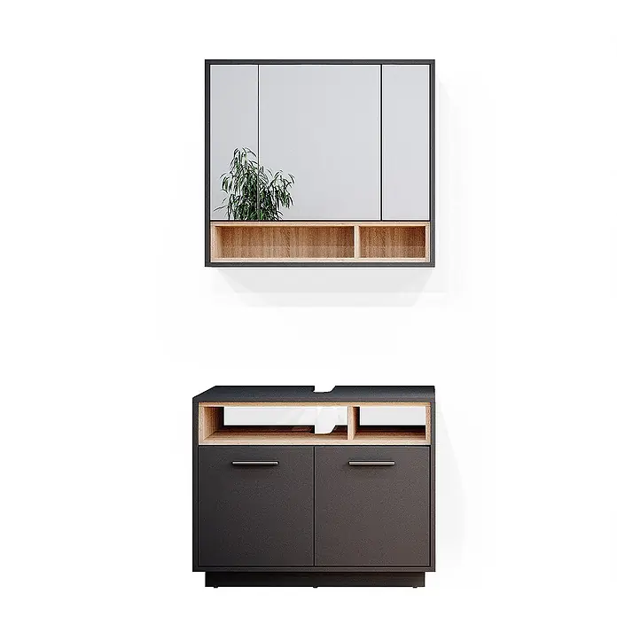 Vicco Badmöbel-Set Beatrice Anthrazit 2 Teile - Gesamtbreite Badmöbel: 80 cm, Anthrazit, Matt - Dunkelgraues & Holz Badmöbel-Set: Spiegelschrank & Waschtischunterschrank mit offenen Fächern & Türen.