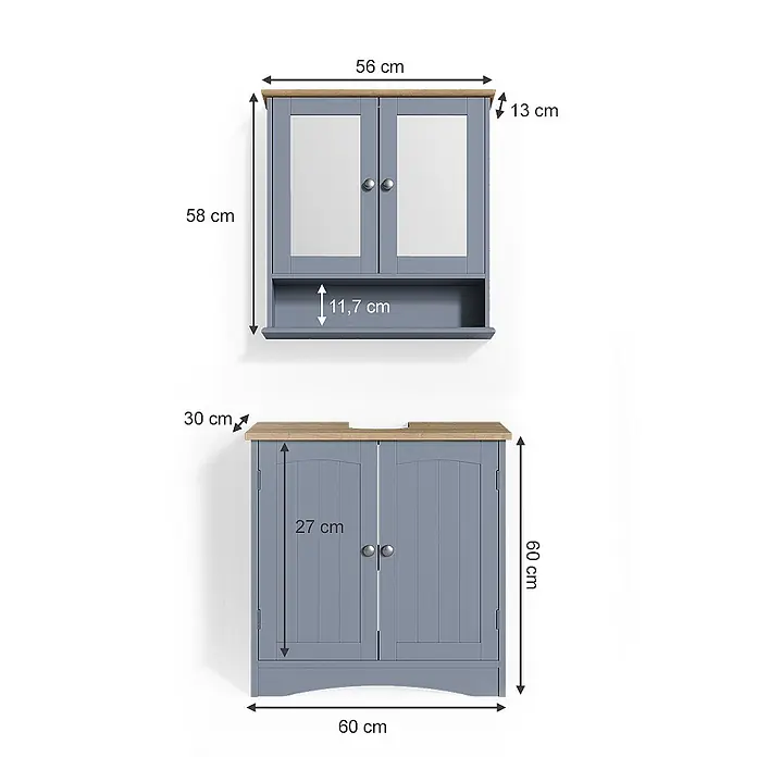 Vicco Badmöbel-Set Bianco Grau 2 Teile - Gesamtbreite Badmöbel: 60 cm, Grau, Matt - Zwei blaugraue Badschränke mit hellen Holzplatten. Der Oberschrank hat Spiegeltüren und ein offenes Fach, der Unterschrank zwei geschlossene Türen.