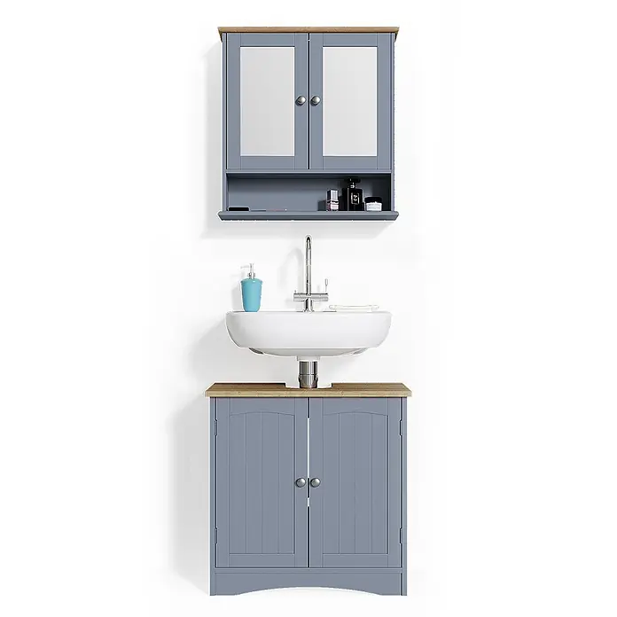 Vicco Badmöbel-Set Bianco Grau 2 Teile - Gesamtbreite Badmöbel: 60 cm, Grau, Matt - Graues Badezimmermöbel-Set mit Spiegelschrank, weißem Waschbecken und Unterschrank, mit Holzplatten.