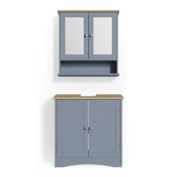 Vicco Badmöbel-Set Bianco Grau 2 Teile - Gesamtbreite Badmöbel: 60 cm, Grau, Matt - Blaugraues Badezimmerschrank-Set mit Holzoptik-Oberflächen, bestehend aus einem Spiegelschrank und einem Waschtischunterschrank.