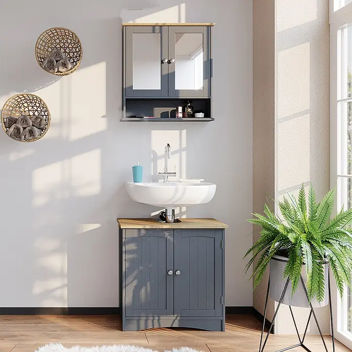 Vicco Badmöbel-Set Bianco Grau 2 Teile - Gesamtbreite Badmöbel: 60 cm, Grau, Matt - Dunkelgraues Badmöbel-Set mit hellen Holzplatten, bestehend aus einem Spiegelschrank, einem Waschbecken und einem Unterschrank.