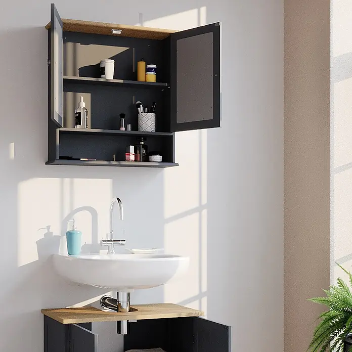 Vicco Badmöbel-Set Bianco Grau 2 Teile - Gesamtbreite Badmöbel: 60 cm, Grau, Matt - Dunkelgrauer Medizinschrank mit Holzplatte, offen über einem weißen Waschbecken, Teil eines Badezimmermöbel-Sets.