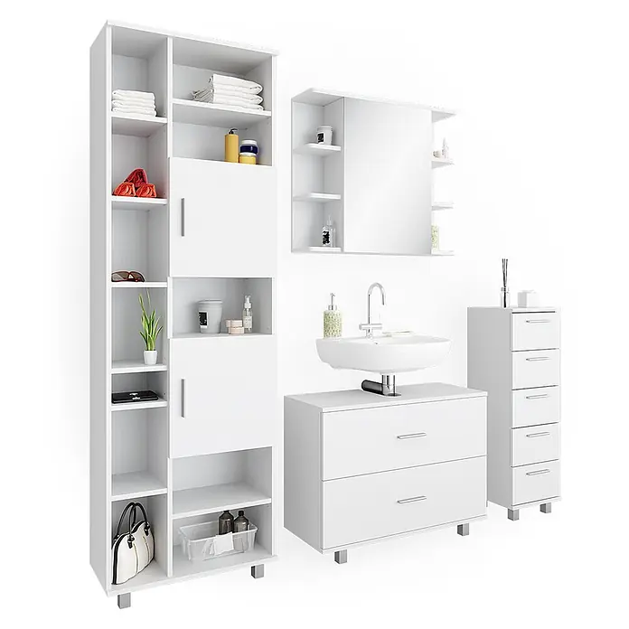 Vicco Badmöbel-Set Ilias Weiß 4 Teile, mit Hochschrank - Gesamtbreite Badmöbel: 170,2 cm, Weiß, Matt - Weißes, modulares Badmöbelset mit Hochschränken, Spiegelschrank, Waschtisch mit Waschbecken und Schubladenschrank.