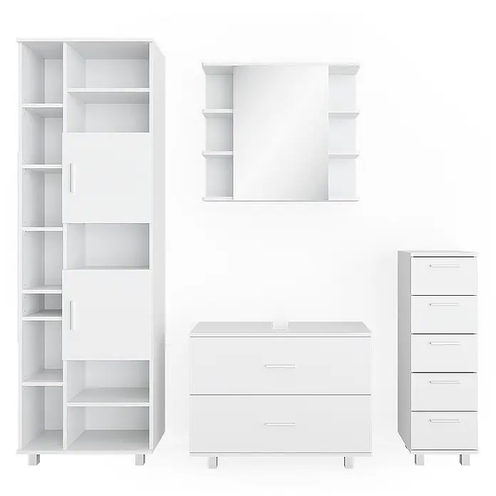 Vicco Badmöbel-Set Ilias Weiß 4 Teile, mit Hochschrank - Gesamtbreite Badmöbel: 170,2 cm, Weiß, Matt - Weißes modulares Möbelset mit hohem Regal, Spiegelschrank, breiter Kommode und schmaler Schubladenkommode.