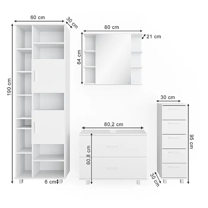 Vicco Badmöbel-Set Ilias Weiß 4 Teile, mit Hochschrank - Gesamtbreite Badmöbel: 170,2 cm, Weiß, Matt - Weißes modulares Möbelset mit hohem Schrank, Spiegel und Kommoden, inklusive Maßen.