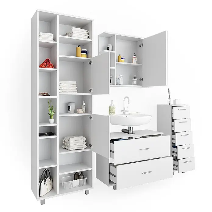 Vicco Badmöbel-Set Ilias Weiß 4 Teile, mit Hochschrank - Gesamtbreite Badmöbel: 170,2 cm, Weiß, Matt - Weißes Badezimmermöbel-Set mit hohem Schrank, Wandschrank, Waschtisch mit Waschbecken und Schubladenelement.