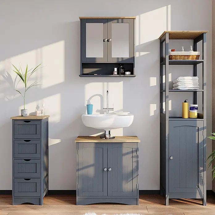 Vicco Badmöbel-Set Bianco Grau 4 Teile - Gesamtbreite Badmöbel: 130 cm, Grau, Matt - Dunkelgraue Badmöbelgarnitur mit Holzplatten, bestehend aus Waschtischunterschrank, Hochschrank und Schubladenschrank, im Badezimmer.