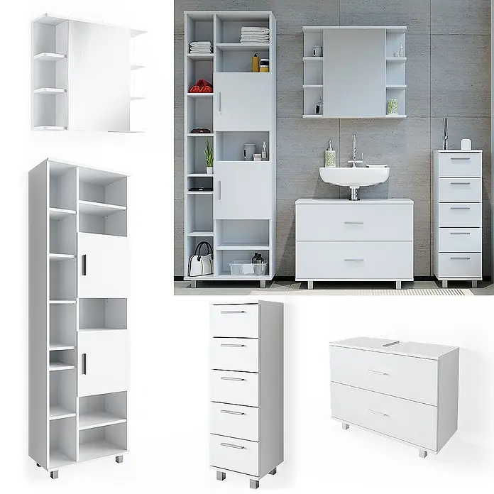 Vicco Badmöbel-Set Ilias Weiß 4 Teile, mit Hochschrank - Gesamtbreite Badmöbel: 170,2 cm, Weiß, Matt - Modernes weißes Badezimmermöbel-Set: Aufbewahrungsschränke, Spiegeleinheit und Waschtisch.