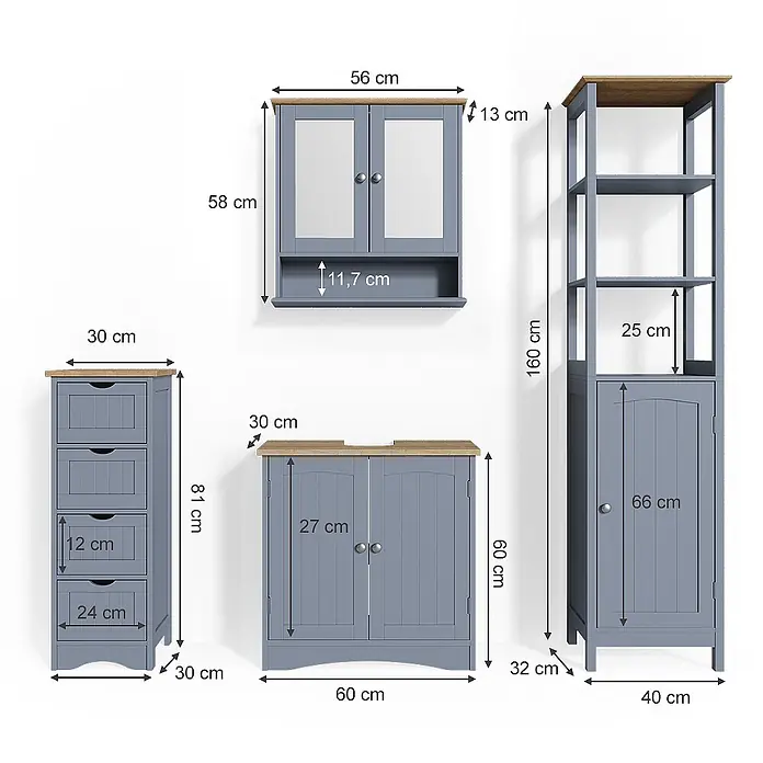 Vicco Badmöbel-Set Bianco Grau 4 Teile - Gesamtbreite Badmöbel: 130 cm, Grau, Matt - Set blaugrauer Badmöbel mit hellen Holzplatten, bestehend aus Wandschrank, hohem Regal, Schubladenschrank und Waschbeckenunterschrank.