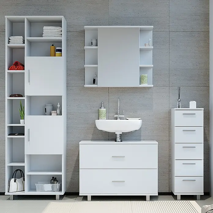 Vicco Badmöbel-Set Ilias Weiß 4 Teile, mit Hochschrank - Gesamtbreite Badmöbel: 170,2 cm, Weiß, Matt - Weißes modernes Badezimmermöbel-Set mit Hochschrank, Waschtisch mit Spiegel und Schubladenelement.