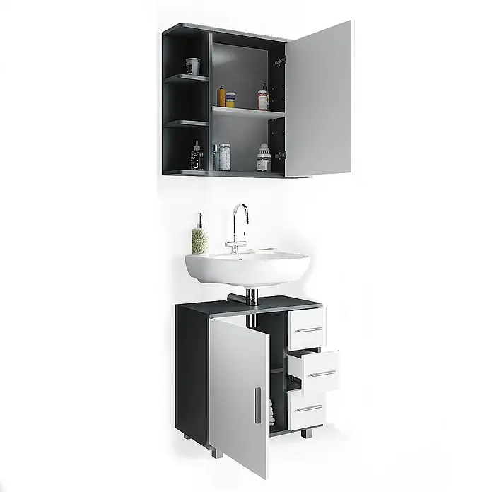 Vicco Badmöbel-Set Ilias Anthrazit 2 Teile - Gesamtbreite Badmöbel: 60 cm, Anthrazit, Matt - Zweiteiliges grau-weißes Badmöbelset mit Spiegelschrank, Waschbecken und Schubladenunterschrank.