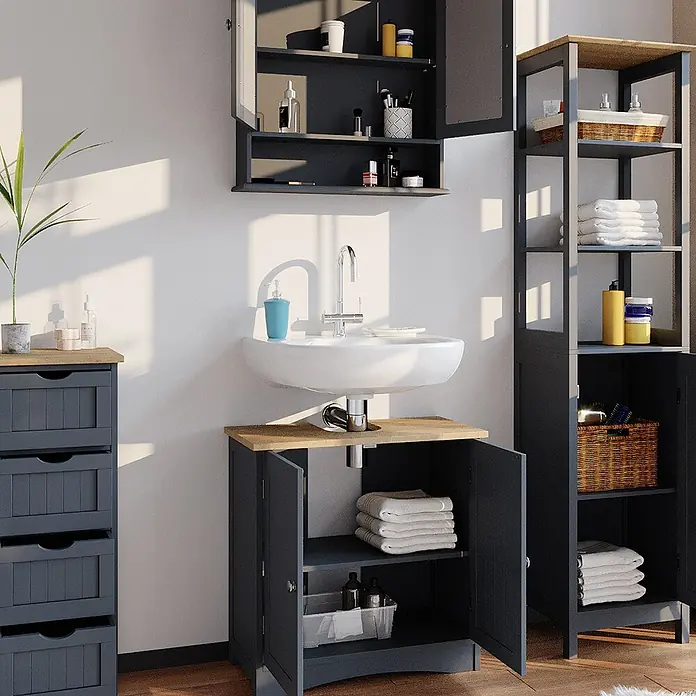 Vicco Badmöbel-Set Bianco Grau 4 Teile - Gesamtbreite Badmöbel: 130 cm, Grau, Matt - Dunkelgraues Badmöbel-Set mit Holzoptik-Oberflächen, inklusive Waschbeckenunterschrank, Wandschrank, Regal und Schubladenschrank.