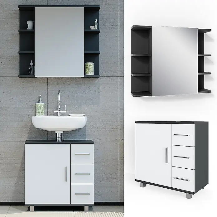 Vicco Badmöbel-Set Ilias Anthrazit 2 Teile - Gesamtbreite Badmöbel: 60 cm, Anthrazit, Matt - Weiß-dunkelgraues Badmöbel-Set: Spiegelschrank mit Regalen, Waschbecken und Unterschrank mit Tür und Schubladen.