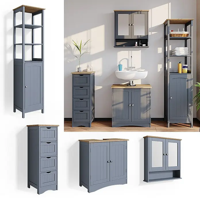 Vicco Badmöbel-Set Bianco Grau 4 Teile - Gesamtbreite Badmöbel: 130 cm, Grau, Matt - Graues Badezimmermöbelset mit Holzplatten, bestehend aus Waschtisch, Schränken und Spiegelschrank, in verschiedenen Anordnungen.