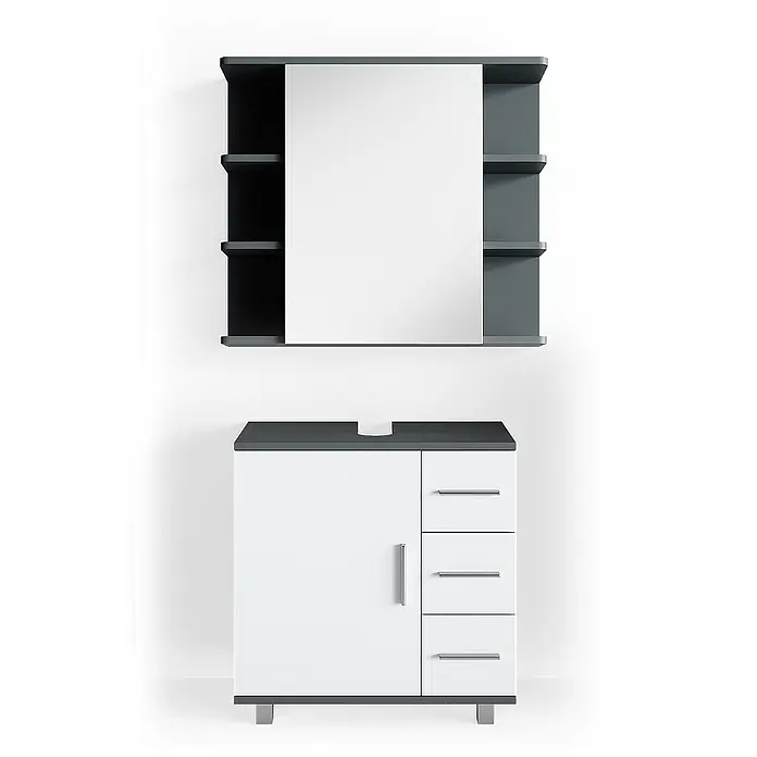 Vicco Badmöbel-Set Ilias Anthrazit 2 Teile - Gesamtbreite Badmöbel: 60 cm, Anthrazit, Matt - Weiß-dunkelgraues Badmöbel-Set: Wandspiegelschrank mit Regalen und Waschtischunterschrank mit Tür und Schubladen.