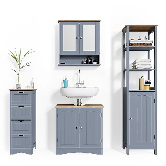 Vicco Badmöbel-Set Bianco Grau 4 Teile - Gesamtbreite Badmöbel: 130 cm, Grau, Matt - Blaue-graue Badezimmermöbel aus Holz mit Holzplatten: Waschbeckenschrank, Spiegelschrank, Hochschrank und Schubladenschrank.