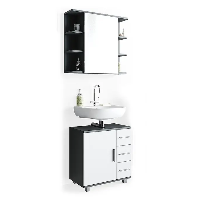 Vicco Badmöbel-Set Ilias Anthrazit 2 Teile - Gesamtbreite Badmöbel: 60 cm, Anthrazit, Matt - Badmöbel-Set in Weiß und Dunkelgrau mit Spiegelschrank und Waschbeckenunterschrank mit Schubladen und Tür.