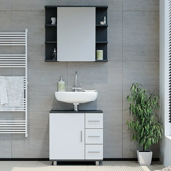 Vicco Badmöbel-Set Ilias Anthrazit 2 Teile - Gesamtbreite Badmöbel: 60 cm, Anthrazit, Matt - Weiß-dunkelgrauer Badezimmerschrank mit Waschbecken und passendem Spiegelschrank.
