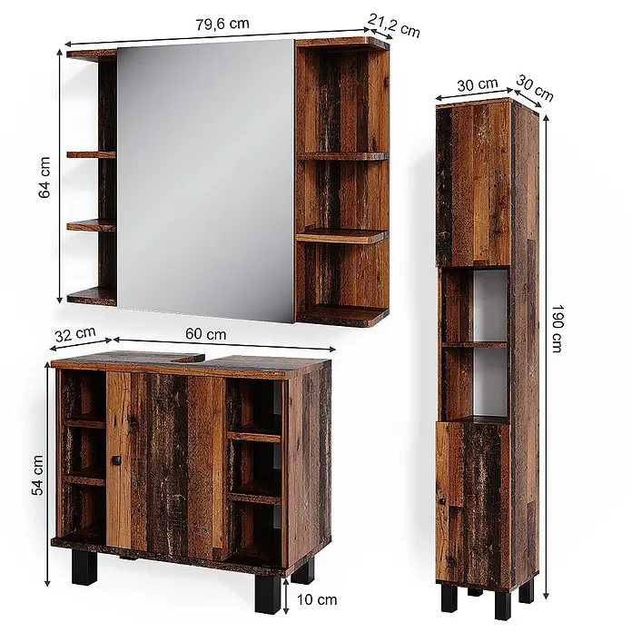 Vicco Badmöbel-Set Fynn Eiche rustikal 3 Teile, mit Hochschrank - Gesamtbreite Badmöbel: 90 cm, Eiche rustikal, Matt - Rustikale dunkle Holz-Badmöbel-Set mit Spiegelschrank, Waschtischunterschrank und Hochschrank.