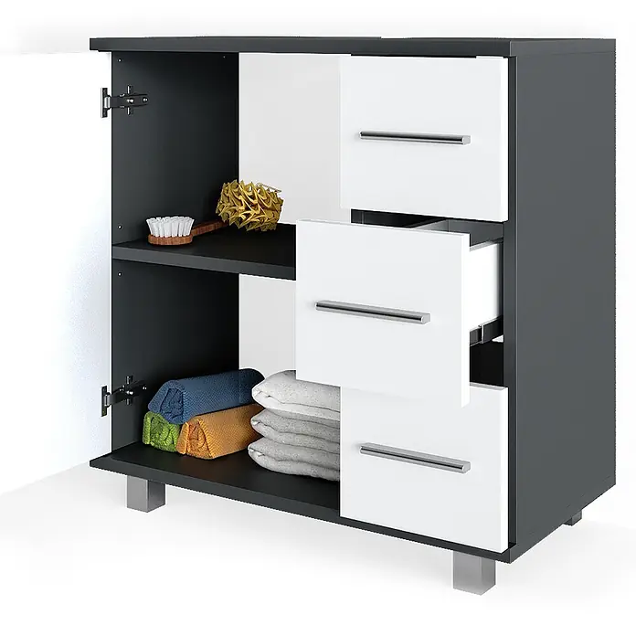 Vicco Badmöbel-Set Ilias Anthrazit 2 Teile - Gesamtbreite Badmöbel: 60 cm, Anthrazit, Matt - Zweifarbiger Badschrank mit dunkelgrauem Rahmen, weißer Tür und drei weißen Schubladen, eine offen, zeigt Stauraum für Handtücher.