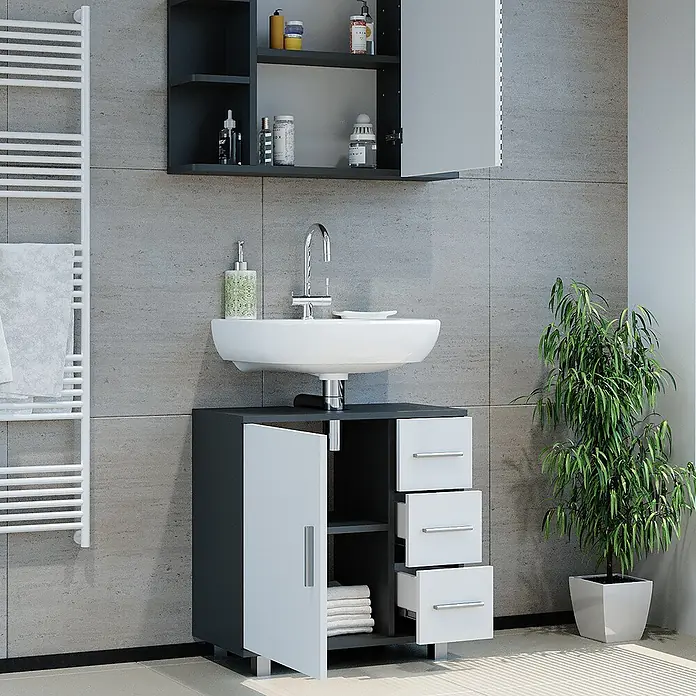 Vicco Badmöbel-Set Ilias Anthrazit 2 Teile - Gesamtbreite Badmöbel: 60 cm, Anthrazit, Matt - Dunkelgrau-weißer Badunterschrank mit Waschbecken und Spiegelschrank.