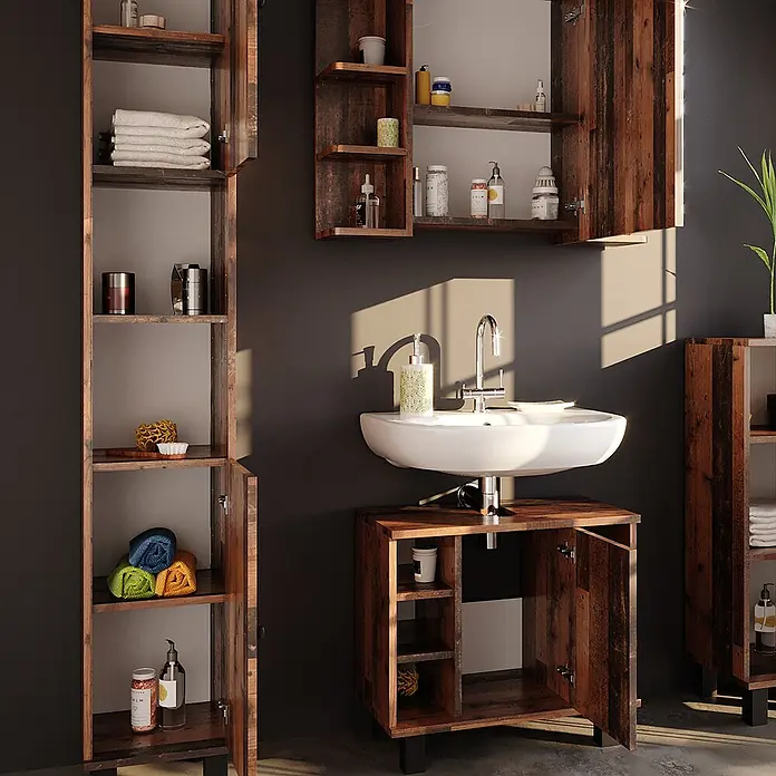 Vicco Badmöbel-Set Fynn Eiche rustikal 3 Teile, mit Hochschrank - Gesamtbreite Badmöbel: 90 cm, Eiche rustikal, Matt - Rustikales Badezimmermöbelset aus dunklem Holz mit Hochschrank, Spiegelschrank und Waschtischunterschrank. Bietet stilvollen Stauraum im Bad.