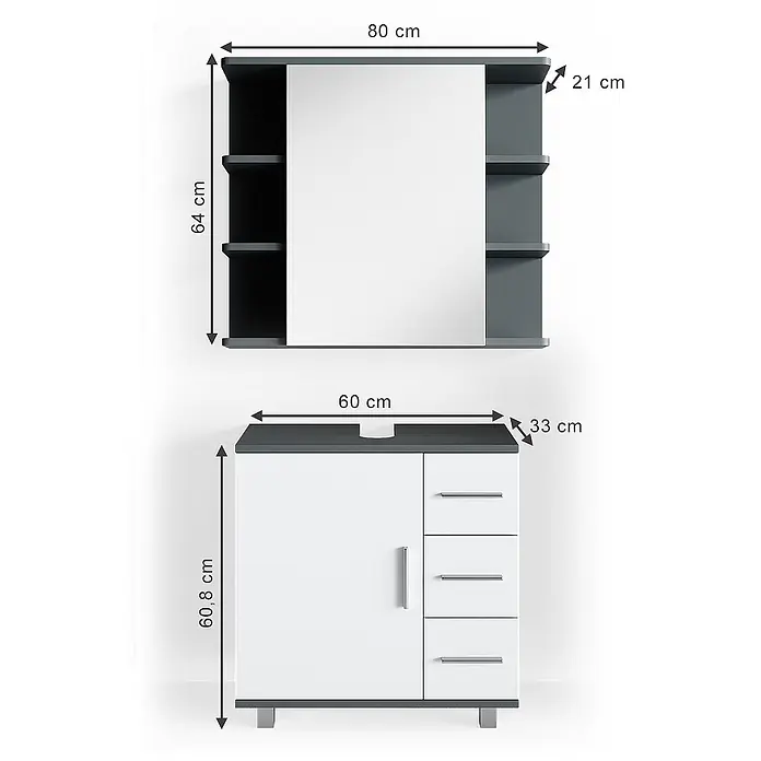 Vicco Badmöbel-Set Ilias Anthrazit 2 Teile - Gesamtbreite Badmöbel: 60 cm, Anthrazit, Matt - Weiß-dunkelgraues Badmöbelset: 80 cm Spiegelschrank mit Ablagen, 60 cm Waschtischunterschrank mit Tür und Schubladen.