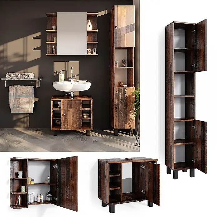 Vicco Badmöbel-Set Fynn Eiche rustikal 3 Teile, mit Hochschrank - Gesamtbreite Badmöbel: 90 cm, Eiche rustikal, Matt - Rustikales Badezimmermöbel-Set aus dunklem Holz mit Waschtisch, Hochschrank und Spiegelschrank, mit offenem und geschlossenem Stauraum.