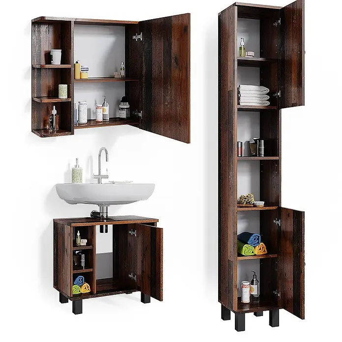 Vicco Badmöbel-Set Fynn Eiche rustikal 3 Teile, mit Hochschrank - Gesamtbreite Badmöbel: 90 cm, Eiche rustikal, Matt - Rustikale Badezimmermöbel aus dunklem Holz: Waschtisch, Wandschrank, hoher Schrank.