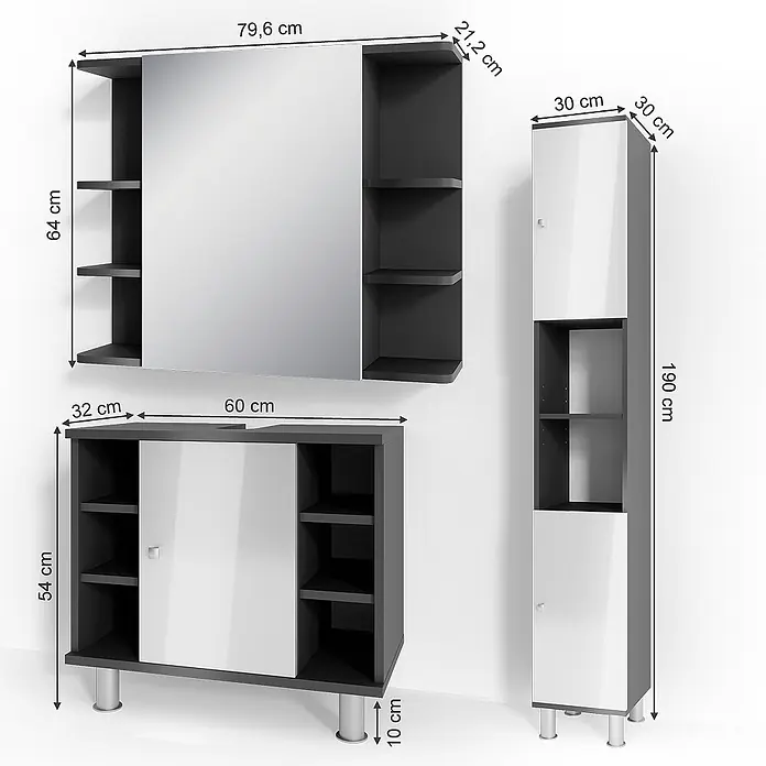 Vicco Badmöbel-Set Fynn Anthrazit 3 Teile, mit Hochschrank - Gesamtbreite Badmöbel: 90 cm, Anthrazit, Glänzend - Dunkelgrau-weißes modulares Badmöbelset mit Spiegelschrank, Waschtischunterschrank und Hochschrank.