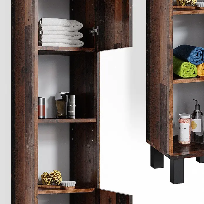 Vicco Badmöbel-Set Fynn Eiche rustikal 3 Teile, mit Hochschrank - Gesamtbreite Badmöbel: 90 cm, Eiche rustikal, Matt - Dunkelbrauner Badezimmerschrank in Holzoptik mit offenen Fächern und Oberschrank, gefüllt mit Handtüchern und Toilettenartikeln.