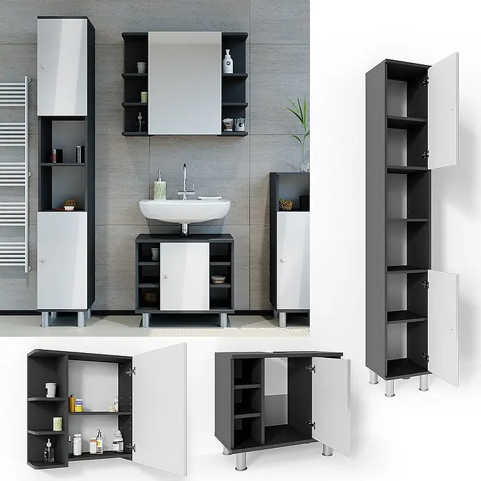 Vicco Badmöbel-Set Fynn Anthrazit 3 Teile, mit Hochschrank - Gesamtbreite Badmöbel: 90 cm, Anthrazit, Glänzend - Modernes Badezimmermöbelset in Dunkelgrau und Weiß, bestehend aus Hochschrank, Waschtischunterschrank und Spiegelschrank, bietet viel Stauraum.